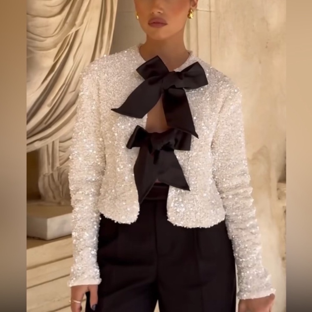 COMMENSE Cream Sequin Black Ribbon Bow Cardigan Jacket NWT - Picture 16 of 16